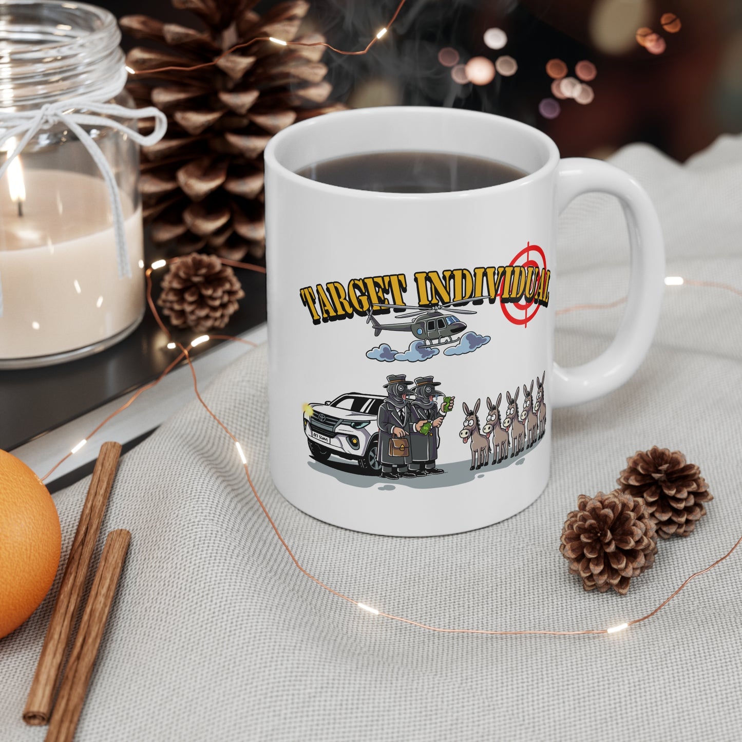 Funny 'Target Individual' Police Car & Helicopter Novelty Mug — Conspiracy Humor Gift