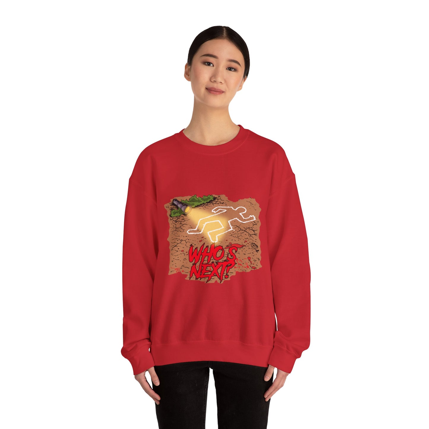 Graphic Sweatshirt — 'Who's Next?' Crime Scene Chalk Outline Crewneck