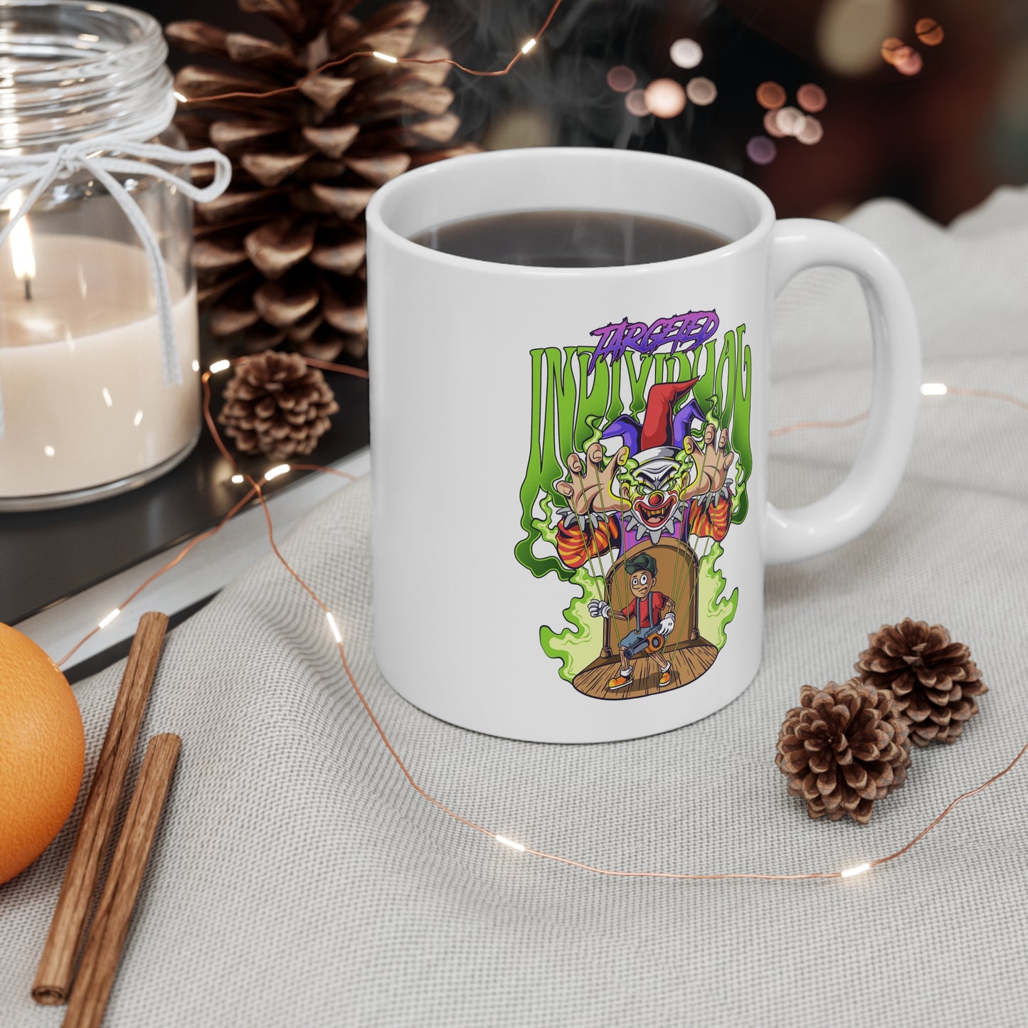 Creepy Clown Haunted Door 11oz Mug — Spooky Horror Graphic Coffee Cup