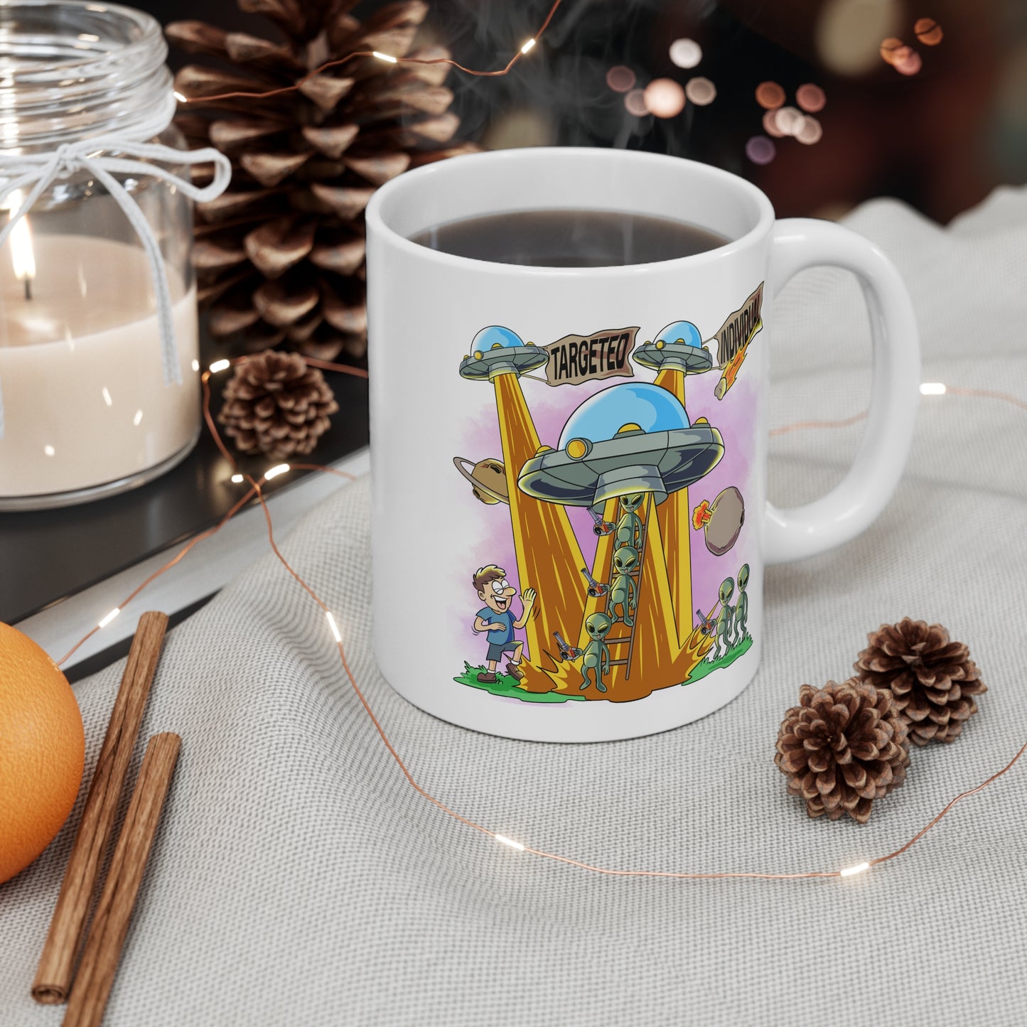 Alien Abduction Coffee Mug — Retro UFOs & 'Targeted' Cartoon Design