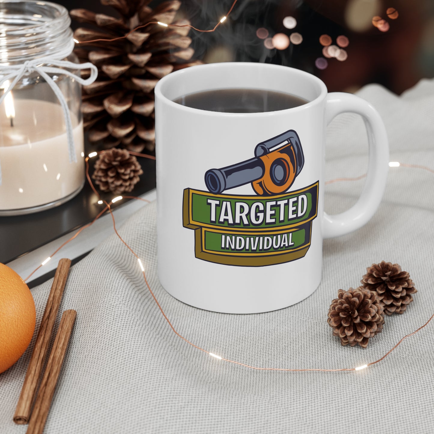Targeted Individual Mug — Coffee Cup with Telescope Emblem