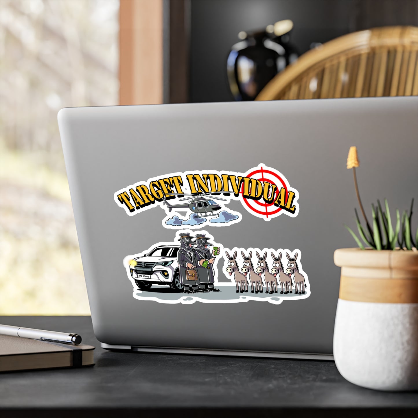 Target Individual Kiss-Cut Vinyl Decal — Humorous Cartoon Cop Car, Helicopter & Donkey Lineup Sticker