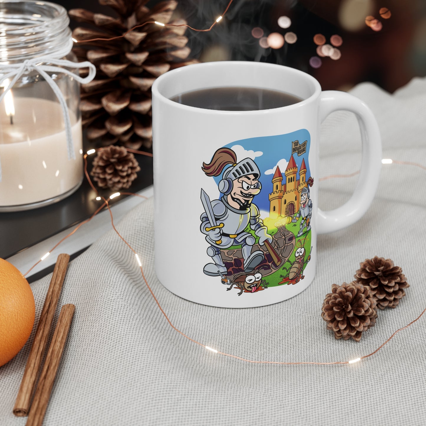 Knight and Castle Cartoon Mug — Funny Medieval Coffee Cup with ‘Take That, Worms!’ Design