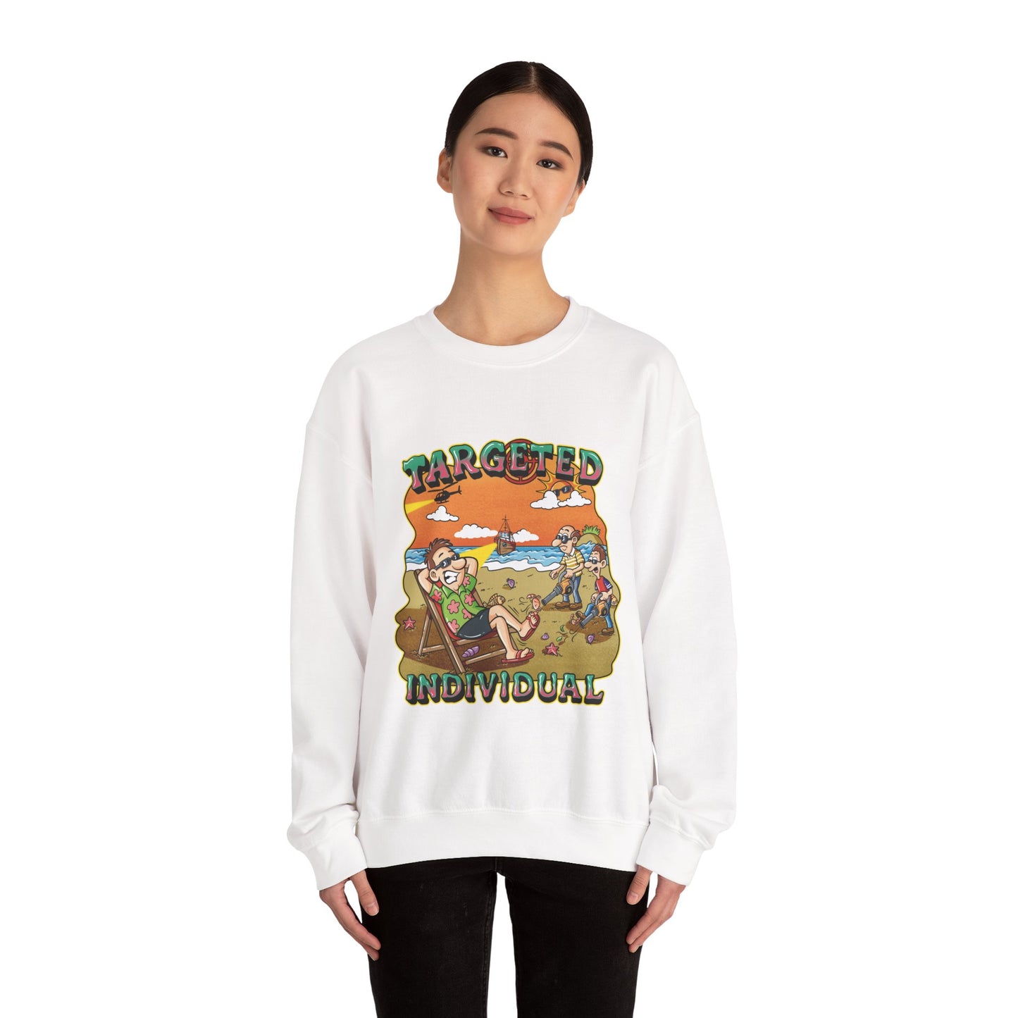 Targeted Individual Crewneck Sweatshirt — Retro Beach Cartoon Graphic