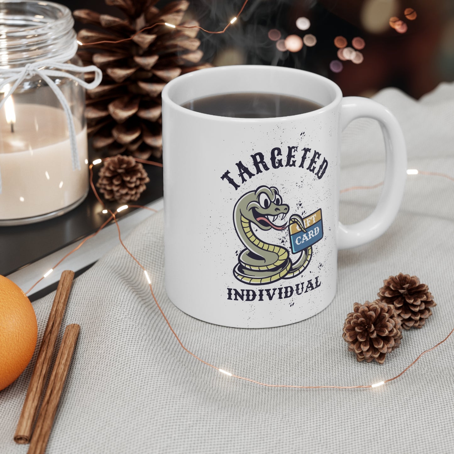 Targeted Individual Mug — Funny Snake Holding Gift Card Coffee Cup