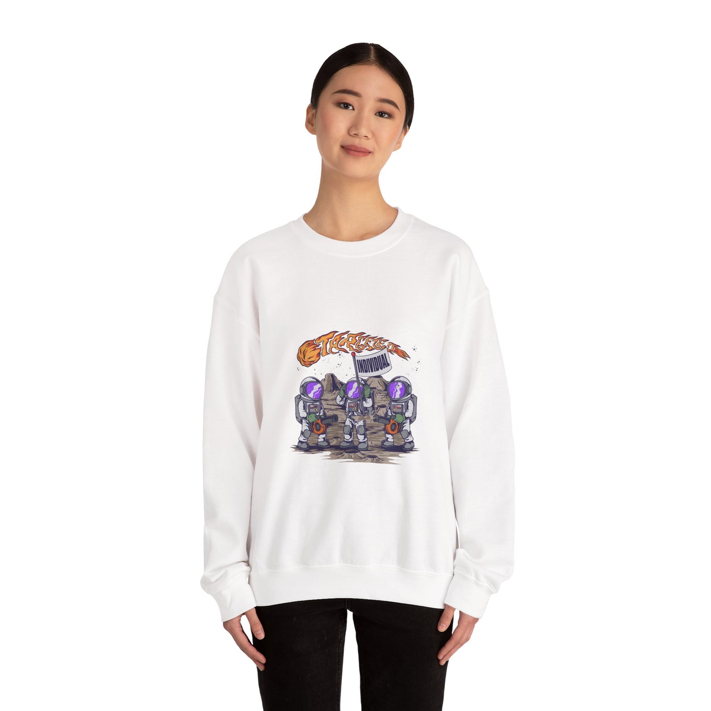 Crewneck Sweatshirt — Cute Astronaut Trio with 'We Are Still Here' Meteor Graphic