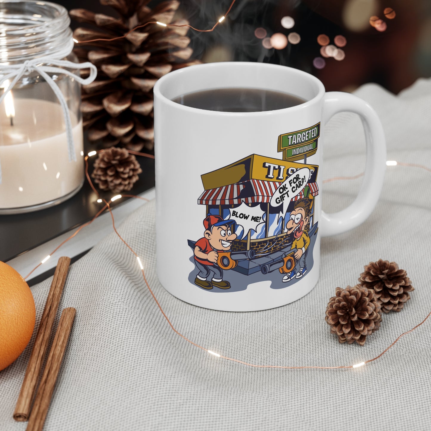 Targeted Individuals Funny Cartoon Mug — 'OK For Gift Cards' Coffee Cup