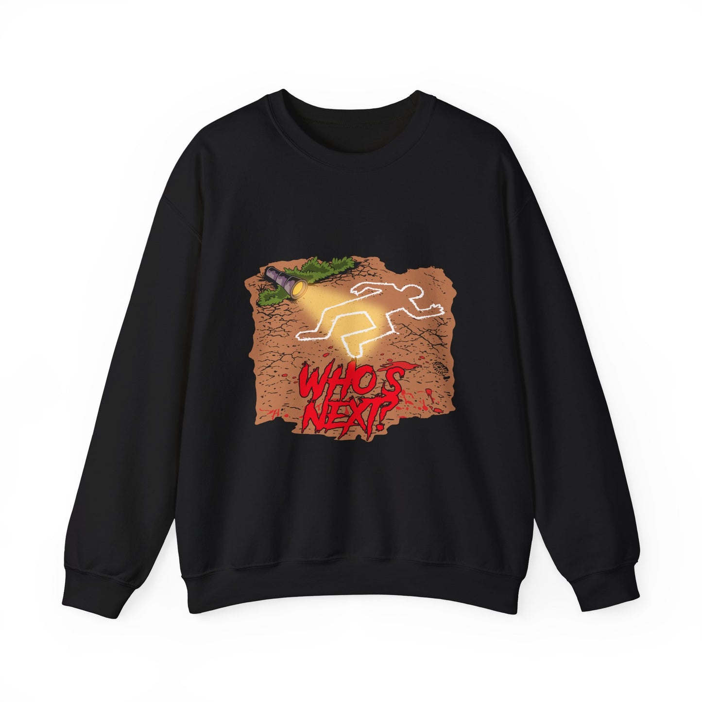 Graphic Sweatshirt — 'Who's Next?' Crime Scene Chalk Outline Crewneck