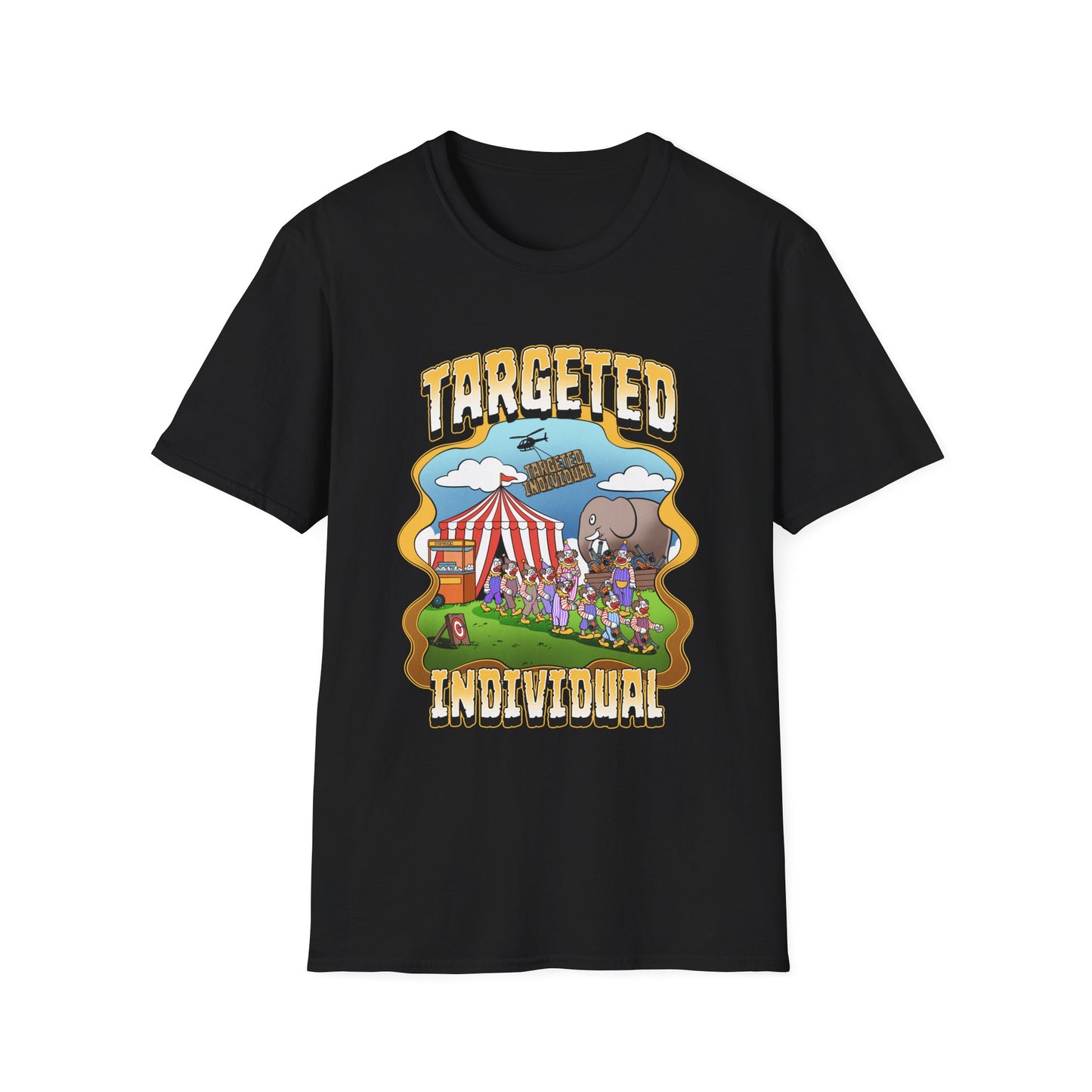 Targeted Individual Graphic T-Shirt — Retro Carnival Conspiracy Design