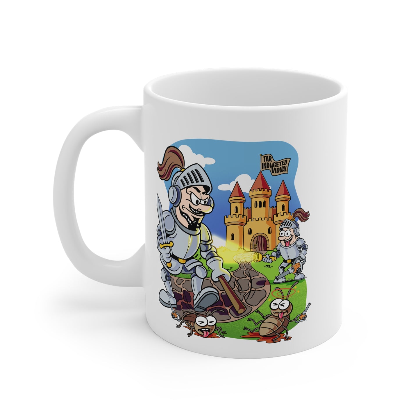 Knight and Castle Cartoon Mug — Funny Medieval Coffee Cup with ‘Take That, Worms!’ Design