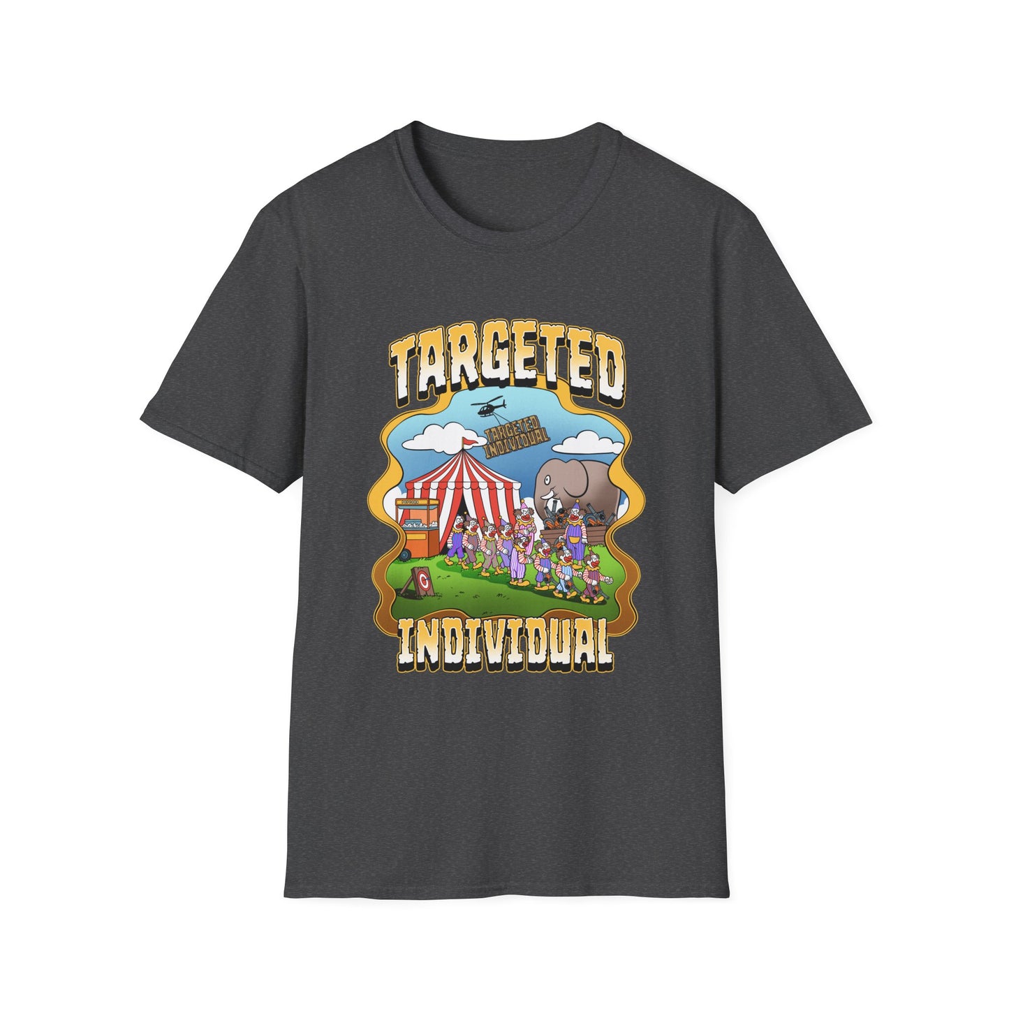 Targeted Individual Graphic T-Shirt — Retro Carnival Conspiracy Design