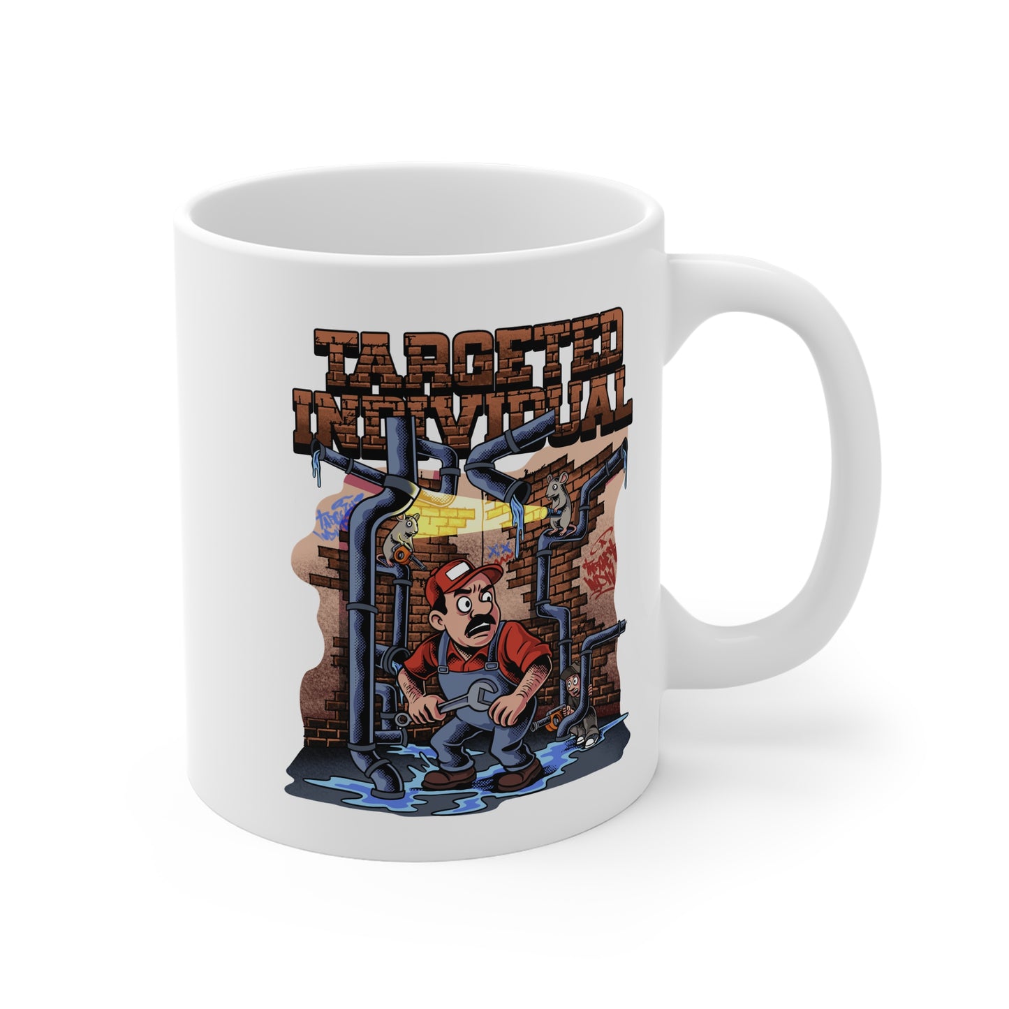 Plumber Cartoon Mug — 'Targeted Individual' Funny Pipe Repair Coffee Cup