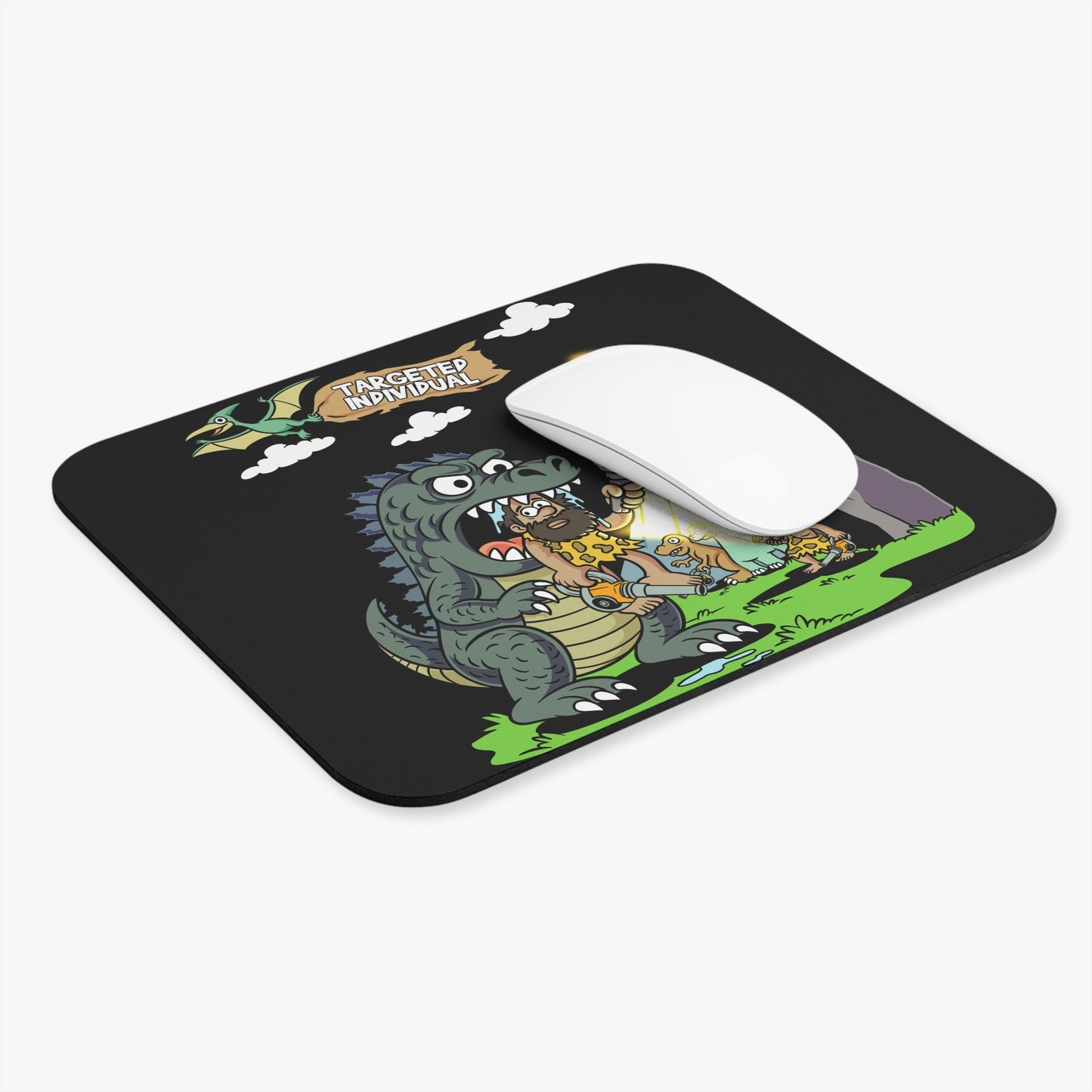Caveman vs. Dragon Mouse Pad — 'Targeted Individual' Retro Dino Battle Desk Mat