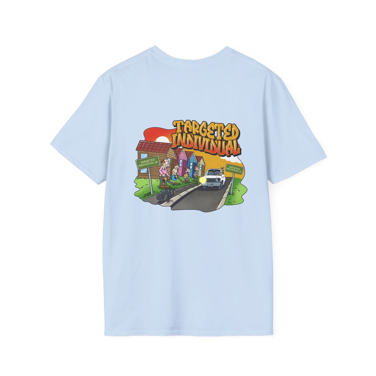 Targeted Individual Graphic T-Shirt — Retro Car & Neighborhood Illustration