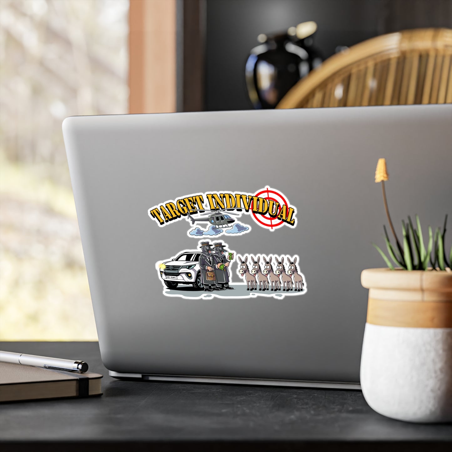 Target Individual Kiss-Cut Vinyl Decal — Humorous Cartoon Cop Car, Helicopter & Donkey Lineup Sticker