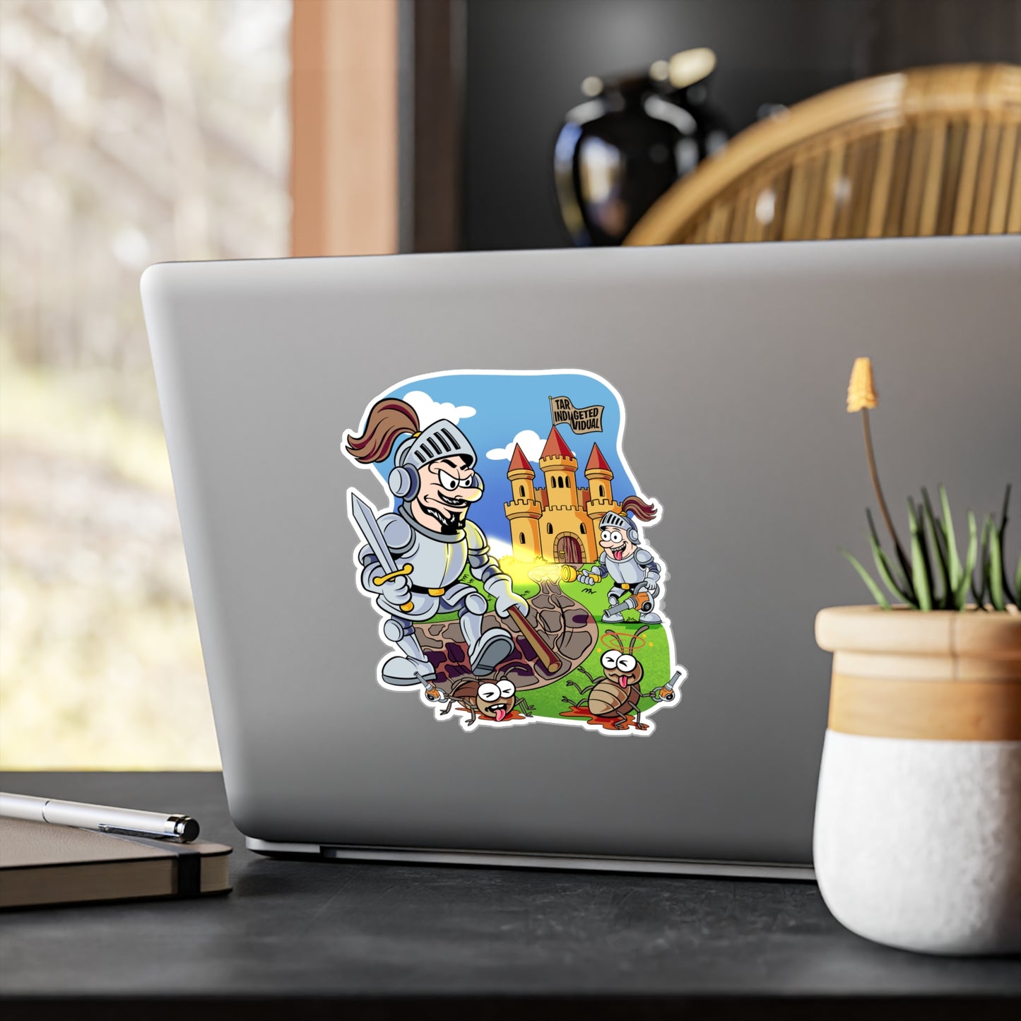 Medieval Knight Cartoon Kiss-Cut Vinyl Sticker — Funny Castle & Bugs Design
