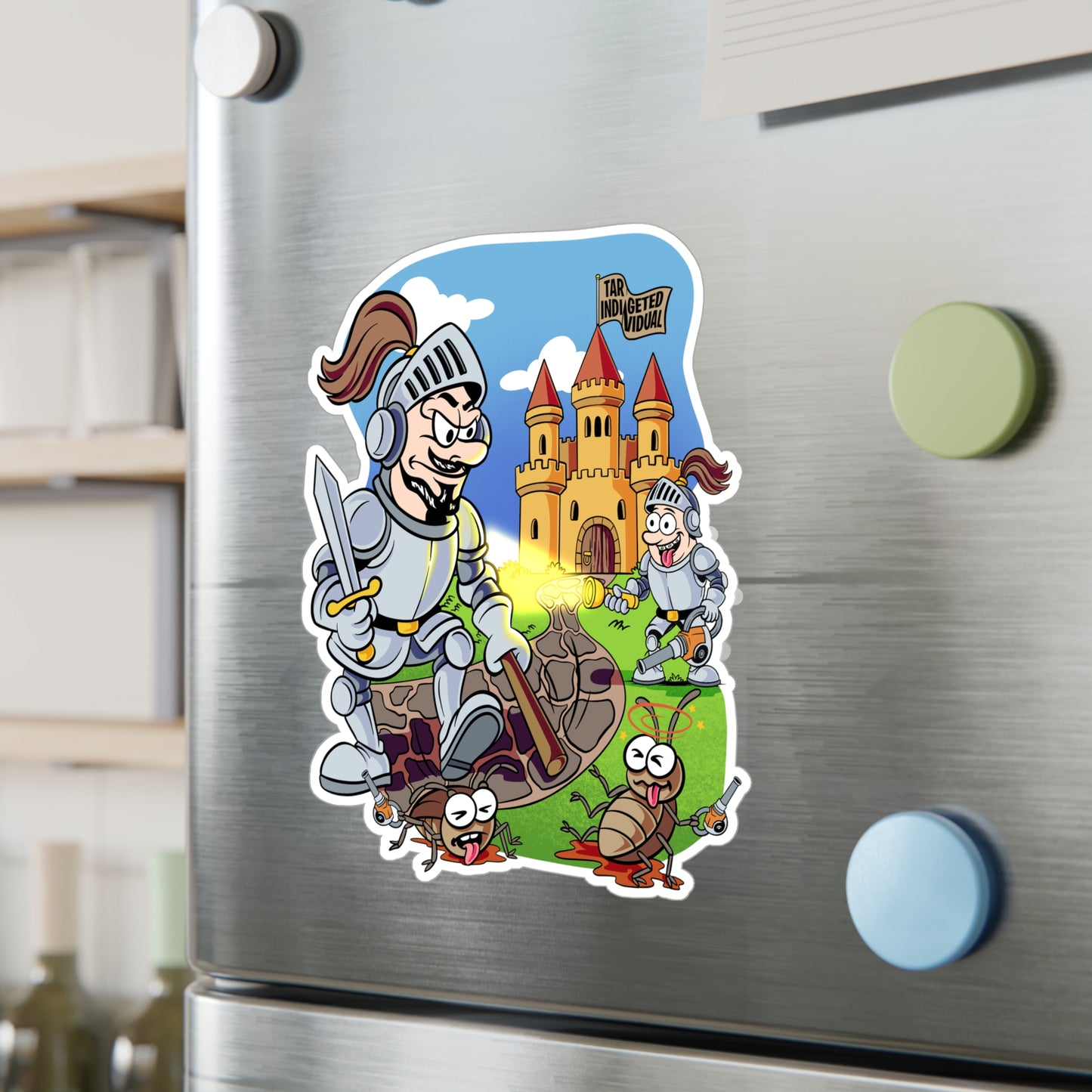 Medieval Knight Cartoon Kiss-Cut Vinyl Sticker — Funny Castle & Bugs Design