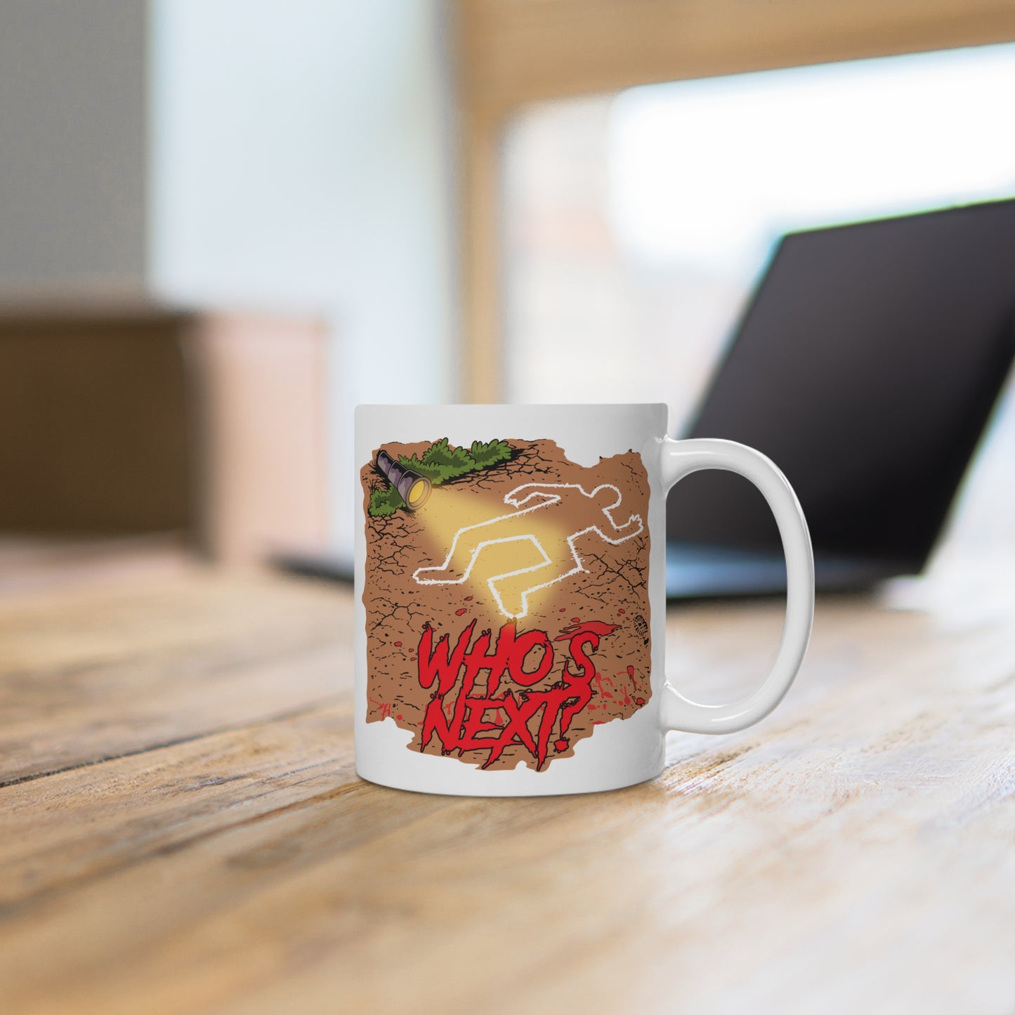 Mystery Crime Scene Mug — "Who's Next?" Detective Coffee Cup