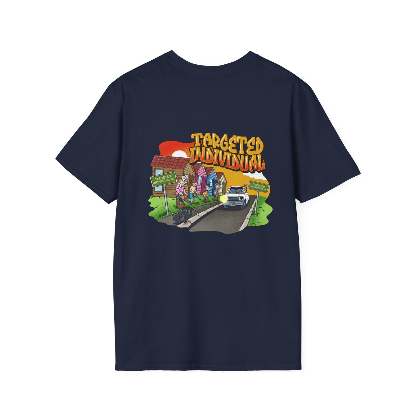 Targeted Individual Graphic T-Shirt — Street Scene Cartoon Design
