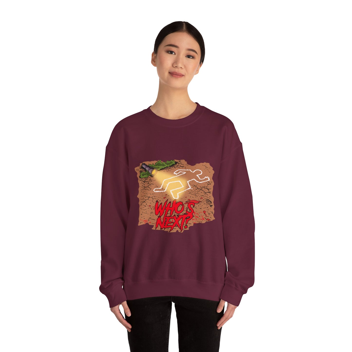 Graphic Sweatshirt — 'Who's Next?' Crime Scene Chalk Outline Crewneck