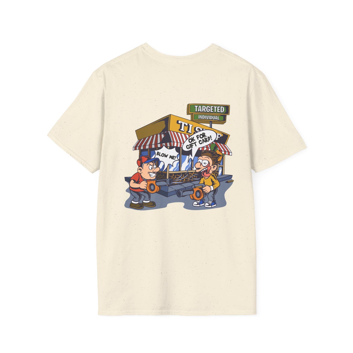 Graphic T-Shirt — 'Targeted' Flea Market Cartoon Back Print
