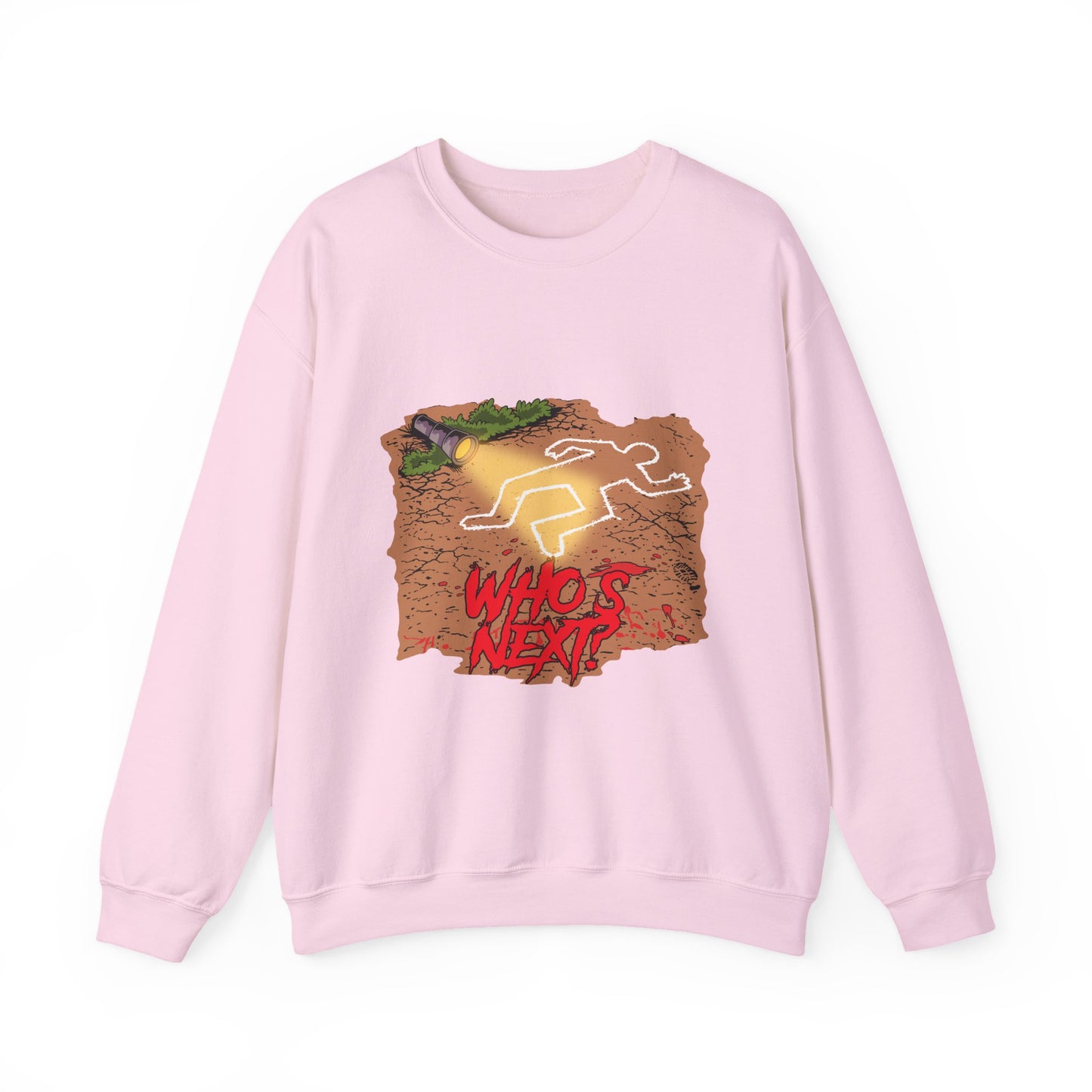 Graphic Sweatshirt — 'Who's Next?' Crime Scene Chalk Outline Crewneck
