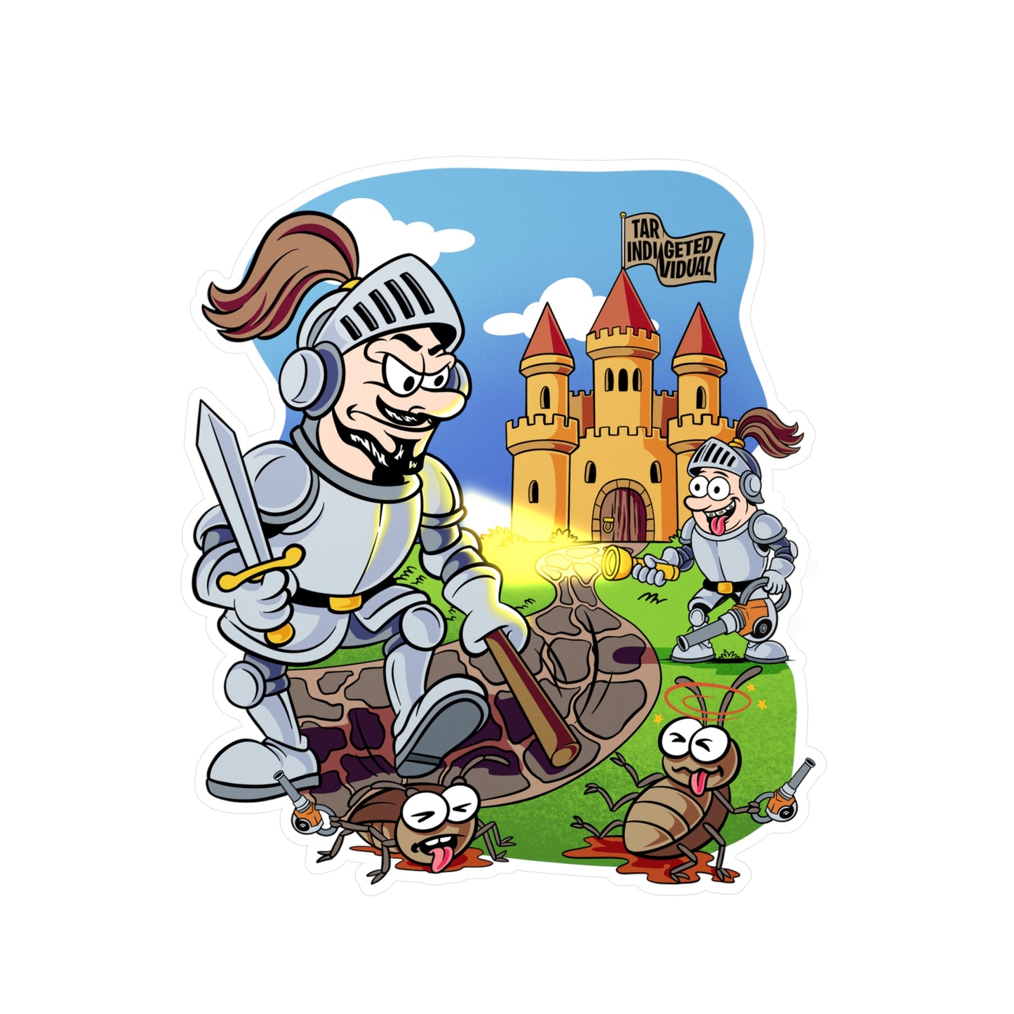 Medieval Knight Cartoon Kiss-Cut Vinyl Sticker — Funny Castle & Bugs Design