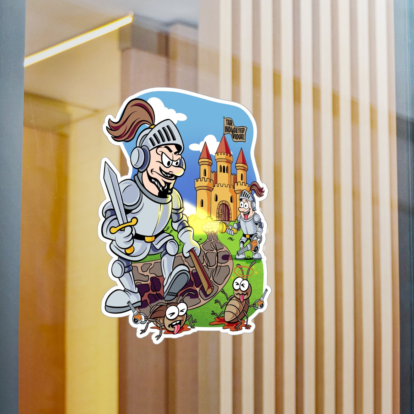 Medieval Knight Cartoon Kiss-Cut Vinyl Sticker — Funny Castle & Bugs Design