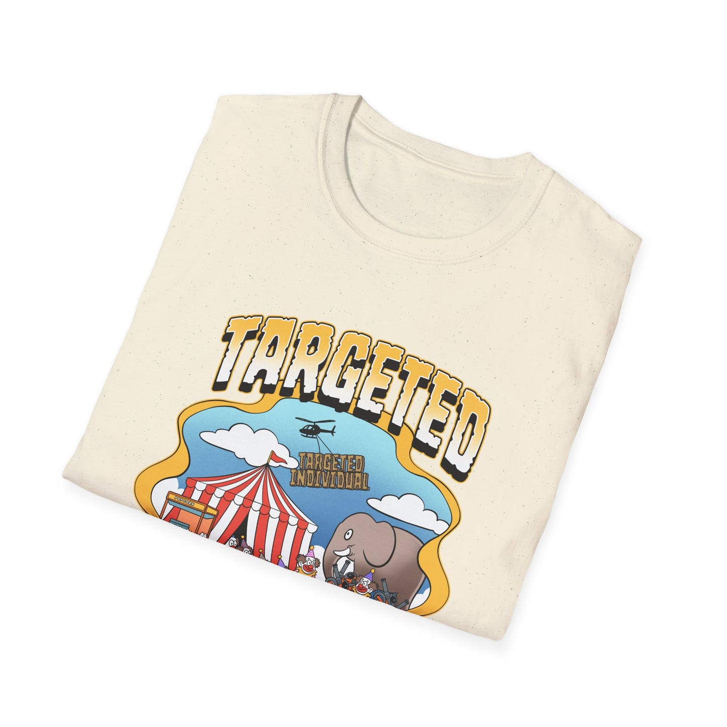 Targeted Individual Graphic T-Shirt — Retro Carnival Conspiracy Design