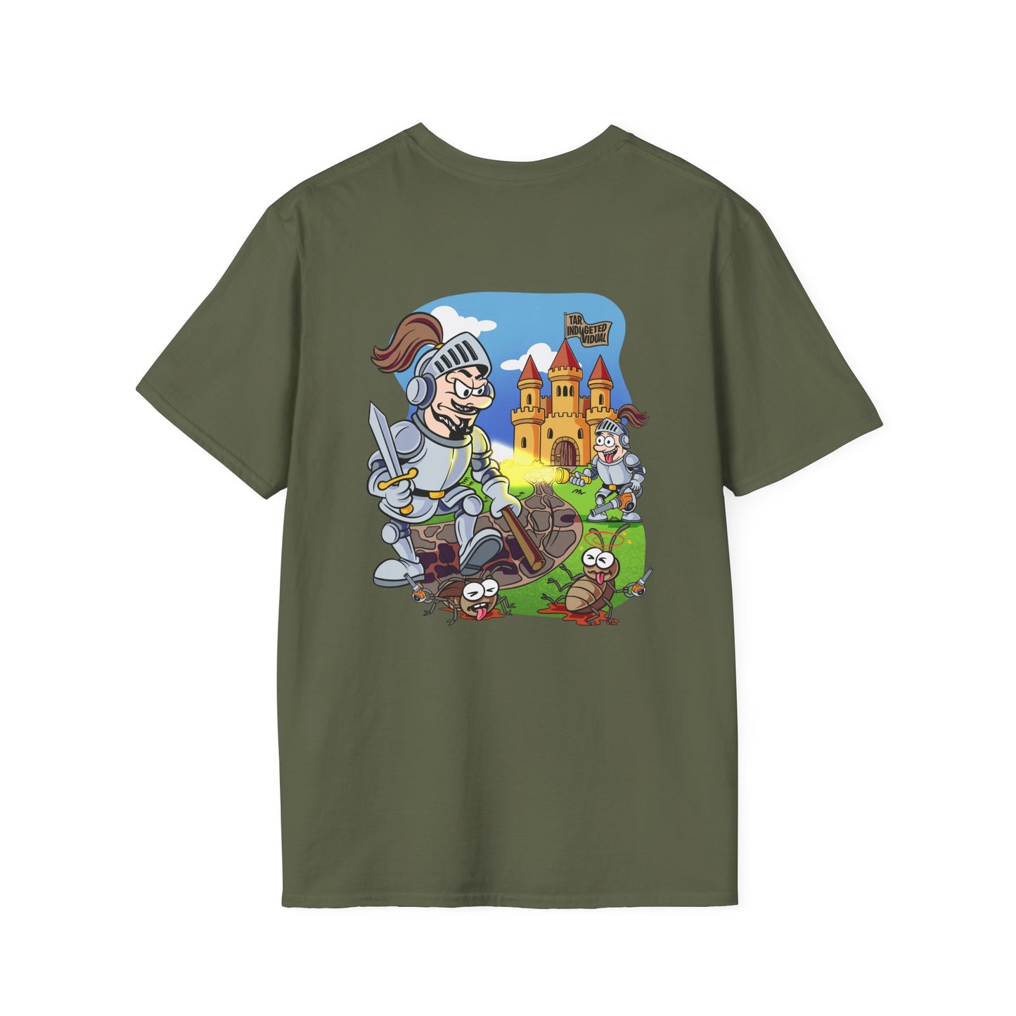 Knight Cartoon T-Shirt — Medieval Castle & Worms Graphic Tee