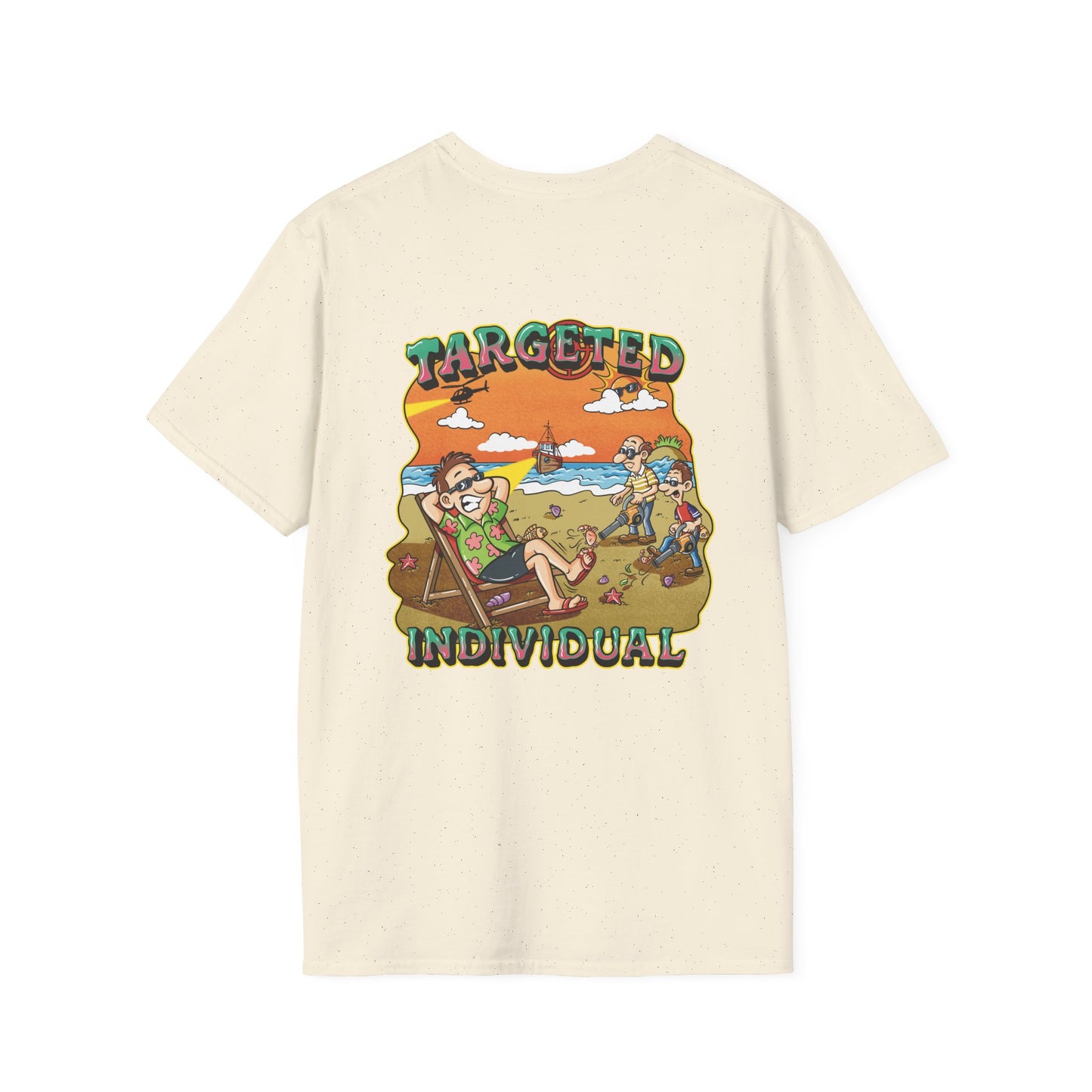 Targeted Individual Graphic T-Shirt — Retro Beach Protest Artwork