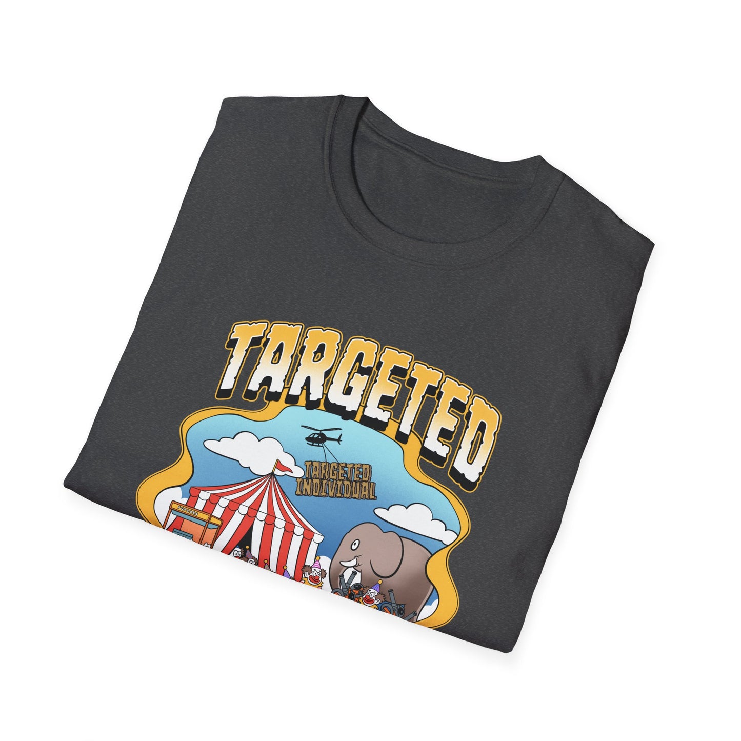 Targeted Individual Graphic T-Shirt — Retro Carnival Conspiracy Design