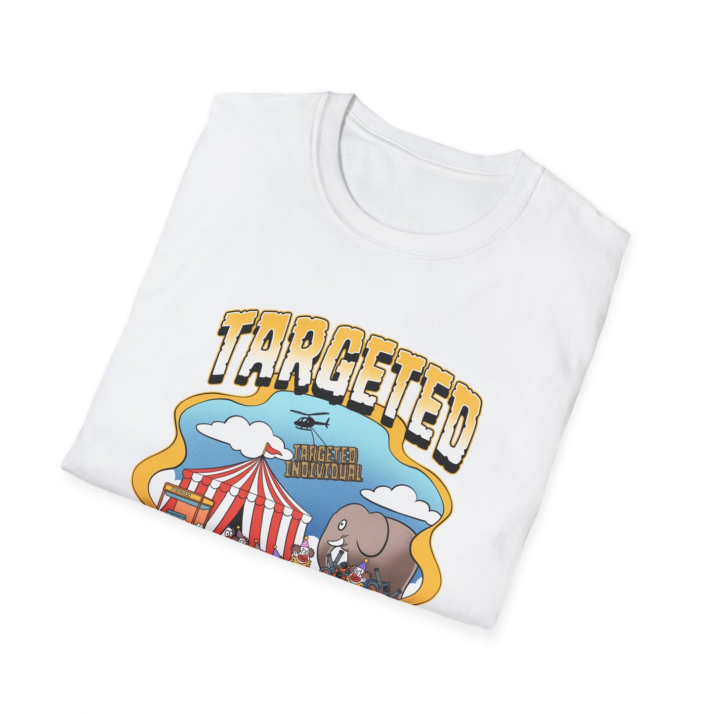 Targeted Individual Graphic T-Shirt — Retro Carnival Conspiracy Design