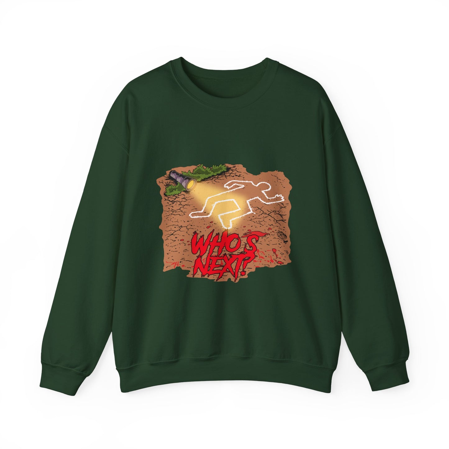 Graphic Sweatshirt — 'Who's Next?' Crime Scene Chalk Outline Crewneck