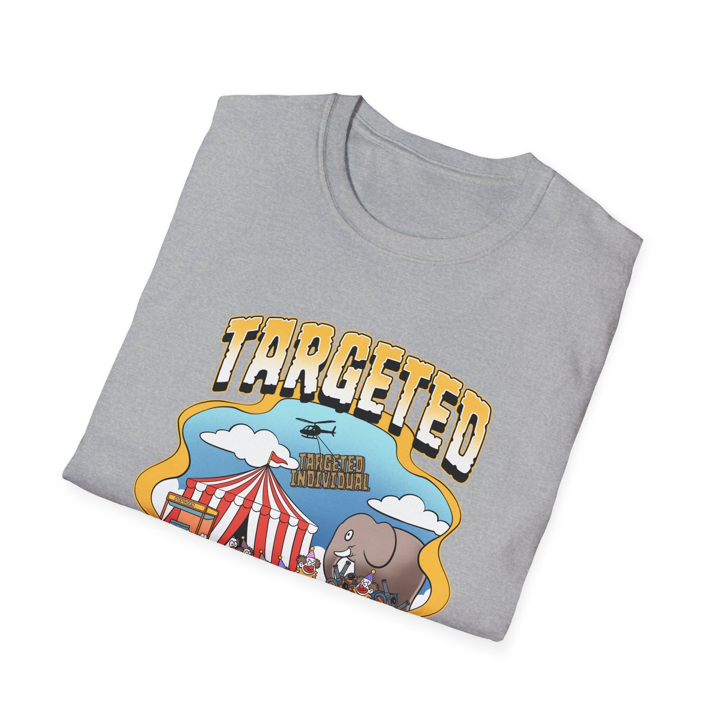 Targeted Individual Graphic T-Shirt — Retro Carnival Conspiracy Design