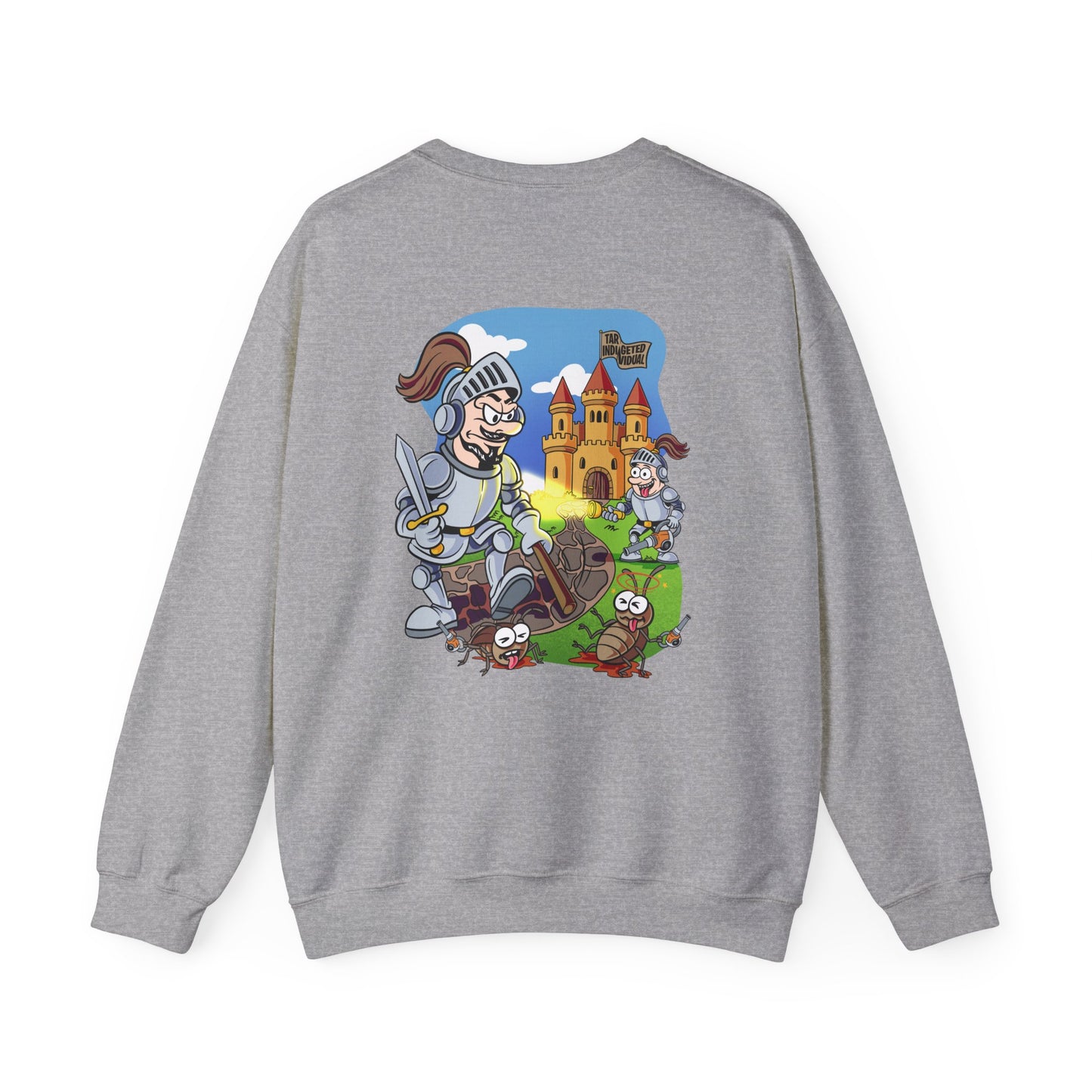 Knight vs Worms Crewneck Sweatshirt — Funny Medieval Cartoon Graphic