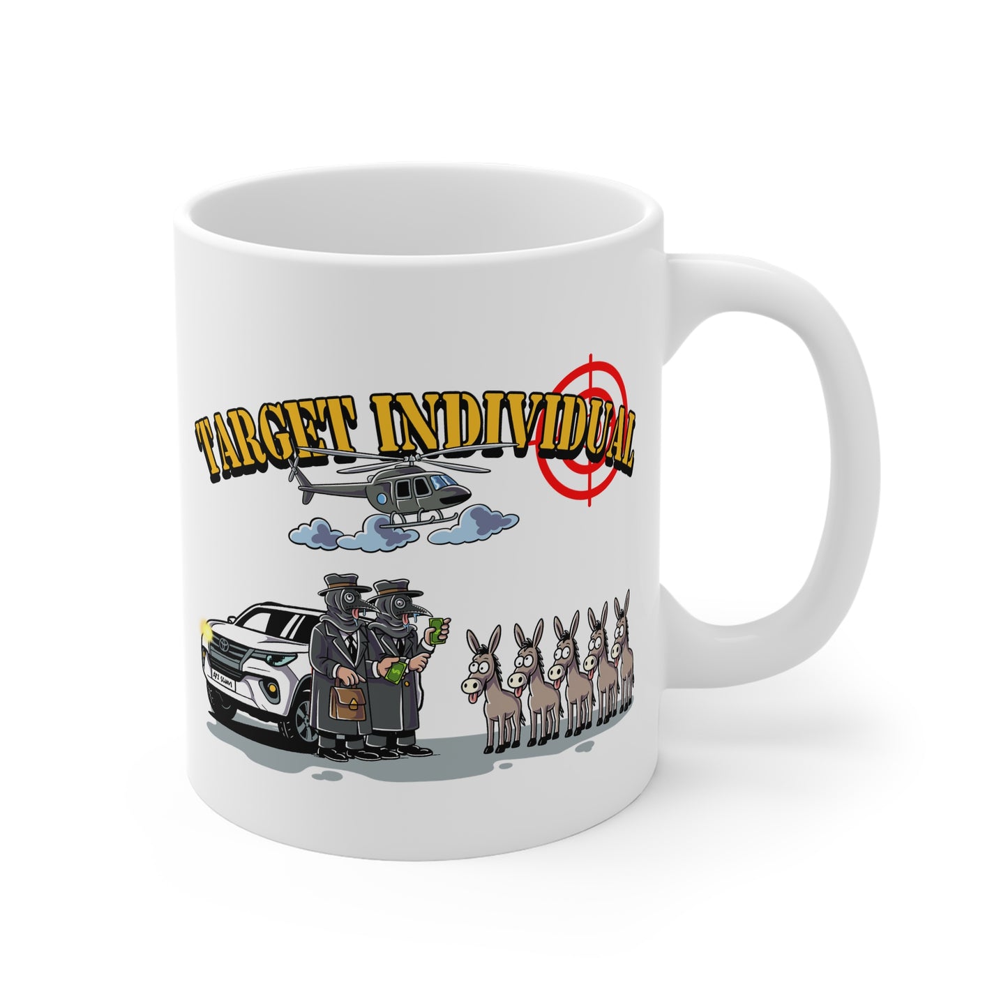 Funny 'Target Individual' Police Car & Helicopter Novelty Mug — Conspiracy Humor Gift