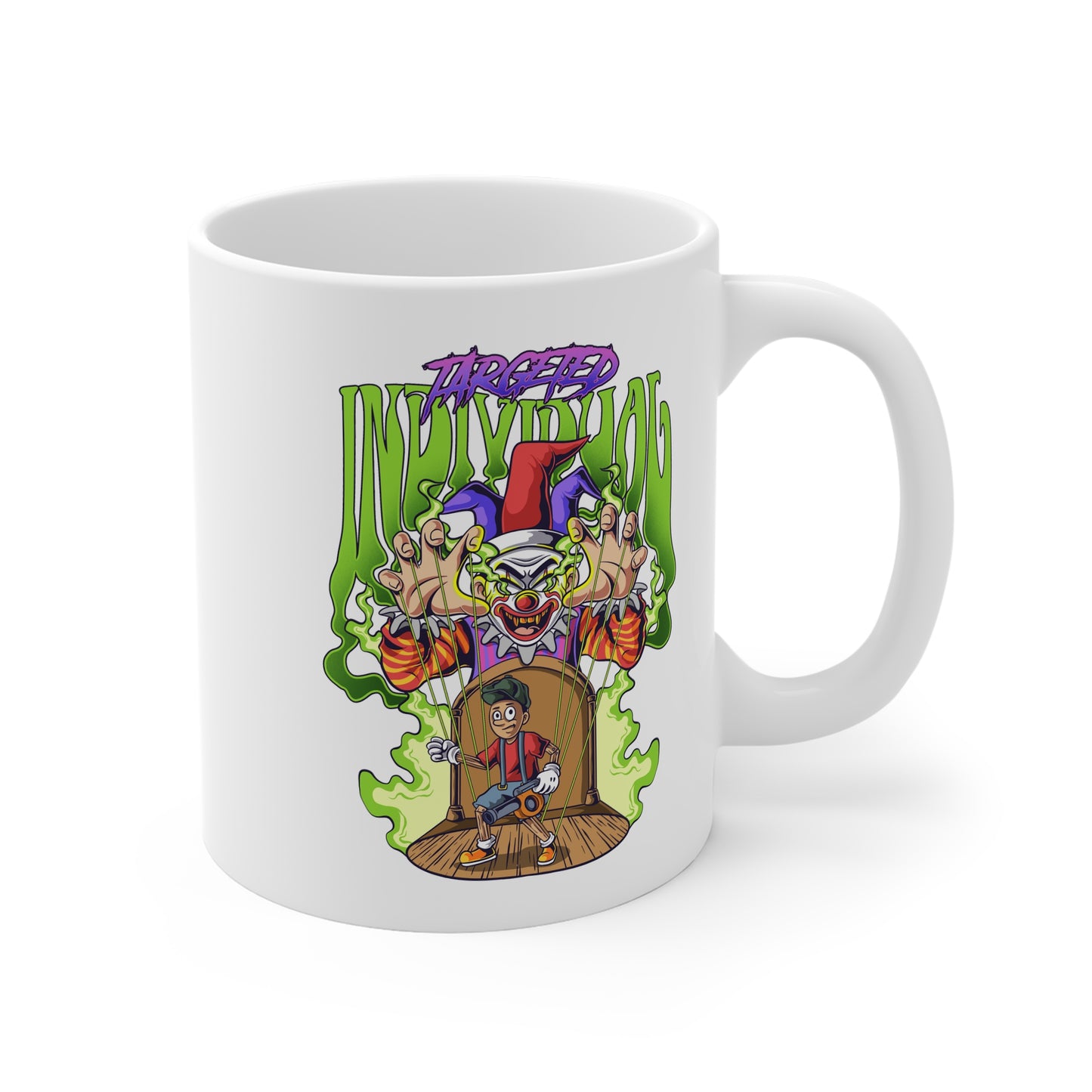 Creepy Clown Haunted Door 11oz Mug — Spooky Horror Graphic Coffee Cup