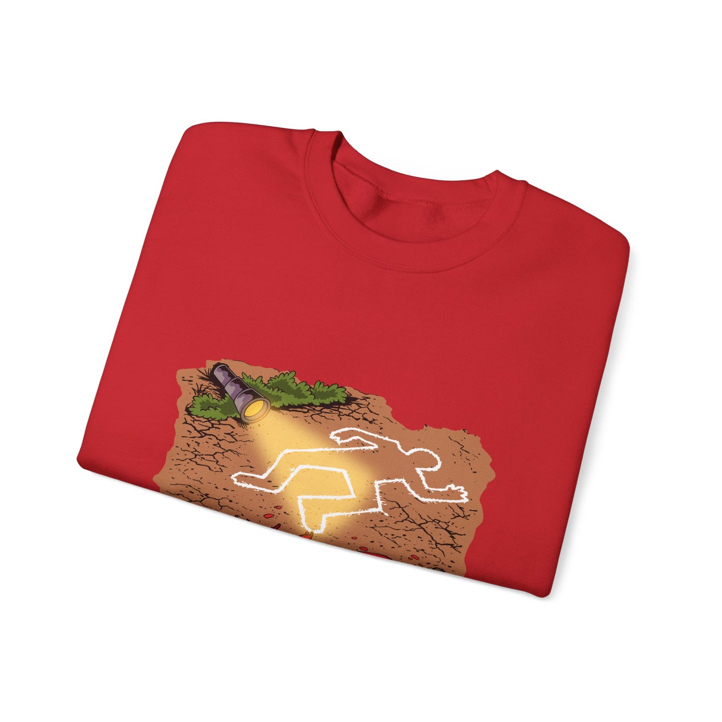 Graphic Sweatshirt — 'Who's Next?' Crime Scene Chalk Outline Crewneck