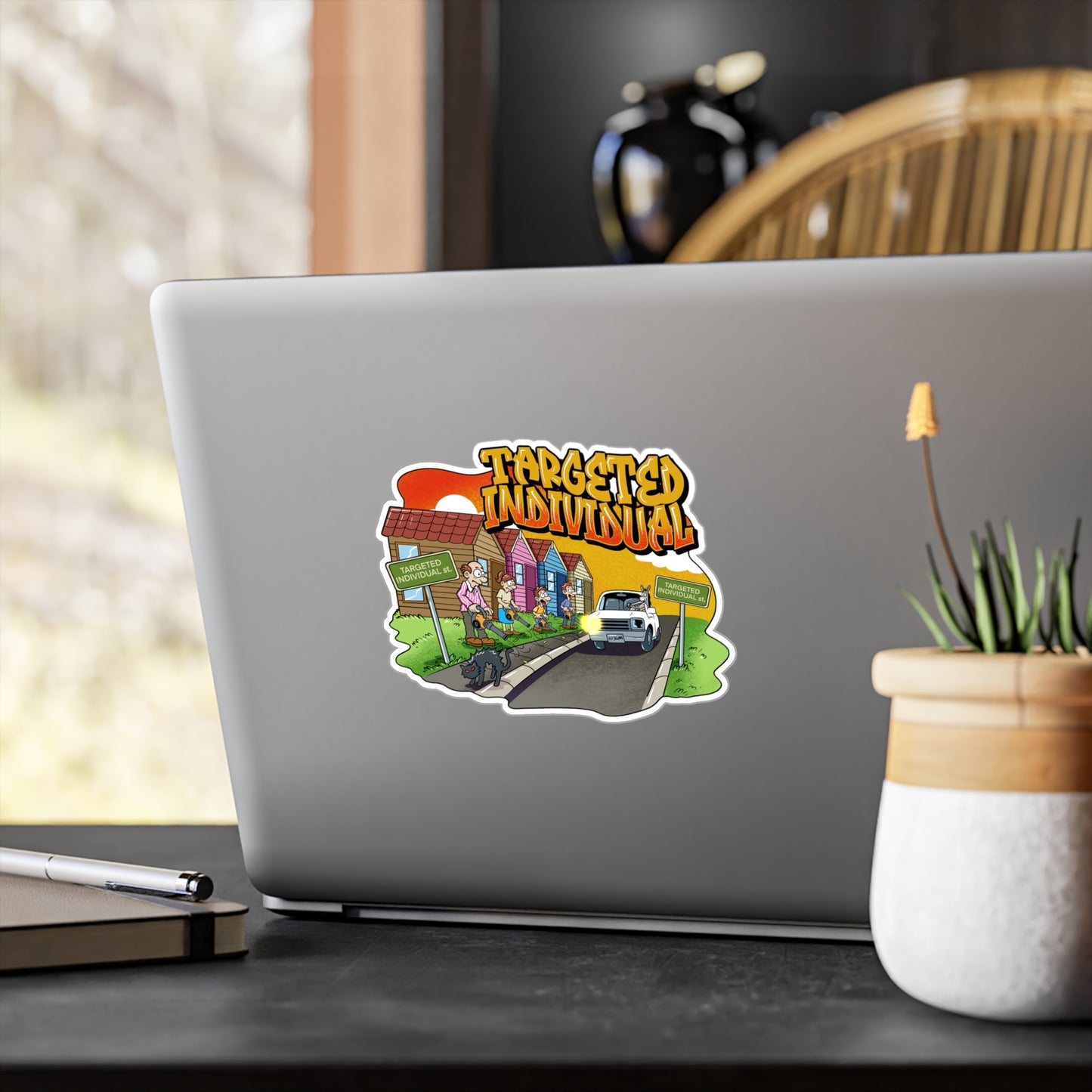 Targeted Individual Kiss-Cut Vinyl Sticker — Retro Suburban Design