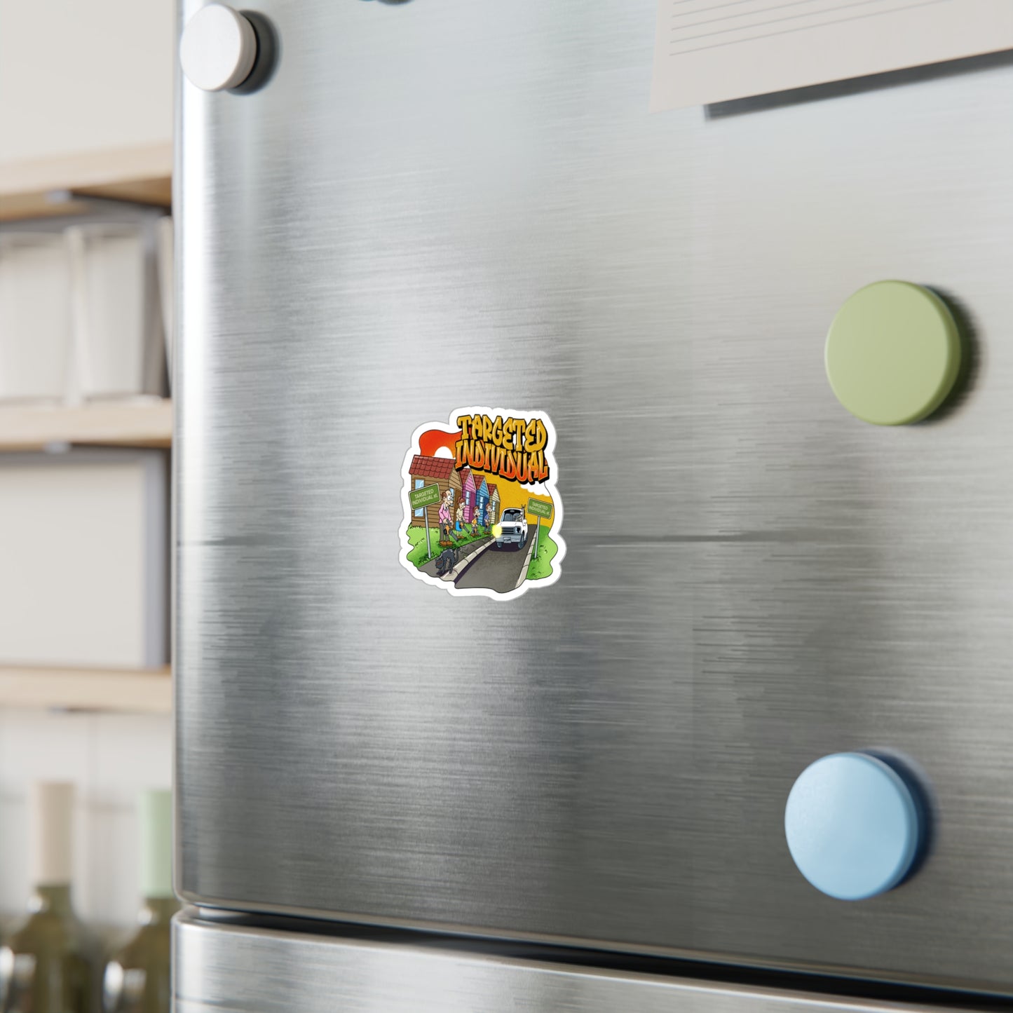 Targeted Individual Kiss-Cut Vinyl Sticker — Retro Suburban Design