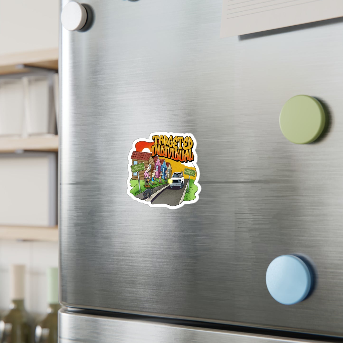 Targeted Individual Kiss-Cut Vinyl Sticker — Retro Suburban Design