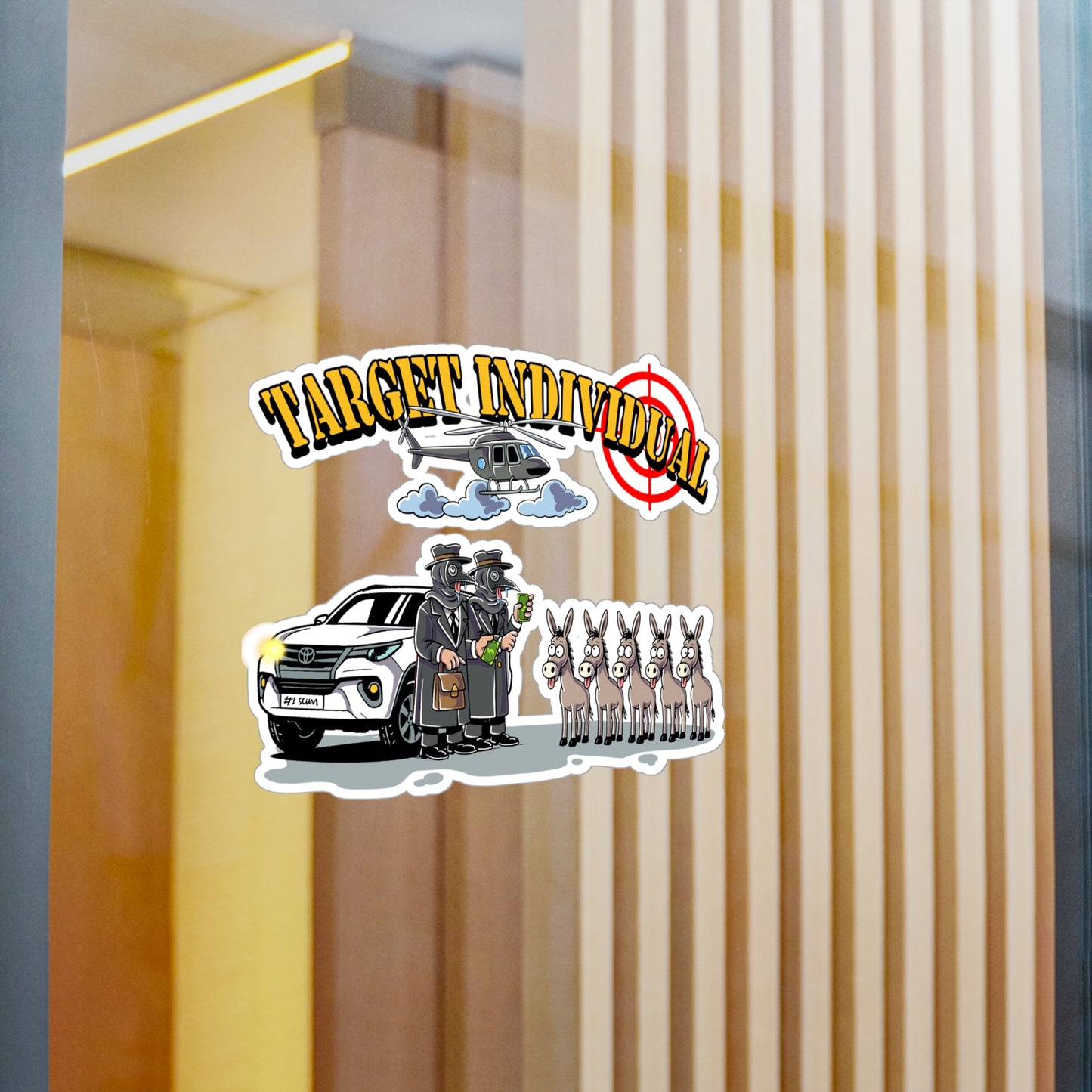Target Individual Kiss-Cut Vinyl Decal — Humorous Cartoon Cop Car, Helicopter & Donkey Lineup Sticker