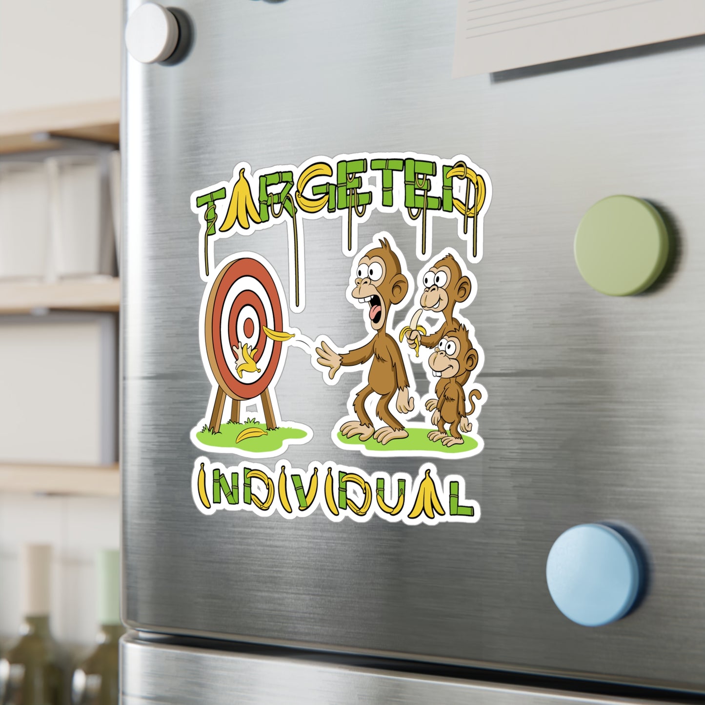 Targeted Individual Monkey Sticker — Funny Banana Target Kiss-Cut Vinyl Decal