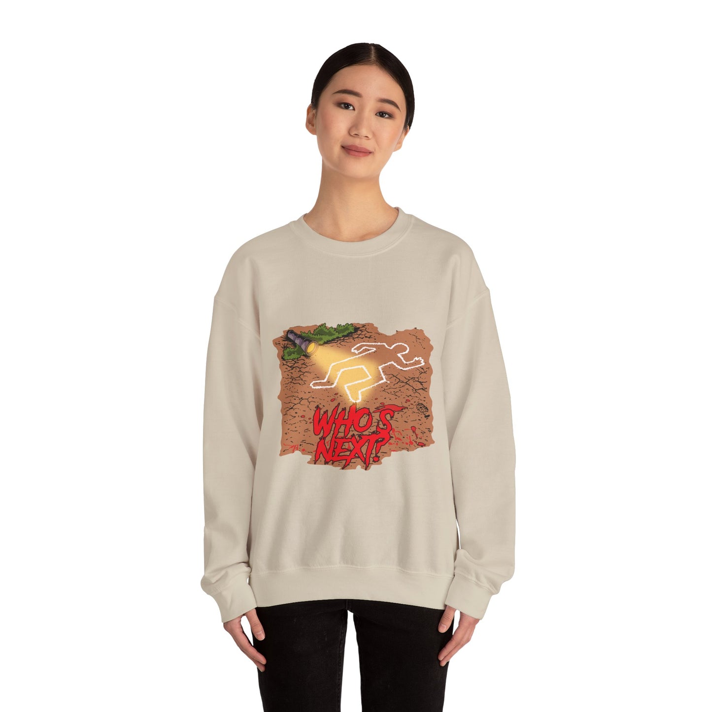 Graphic Sweatshirt — 'Who's Next?' Crime Scene Chalk Outline Crewneck