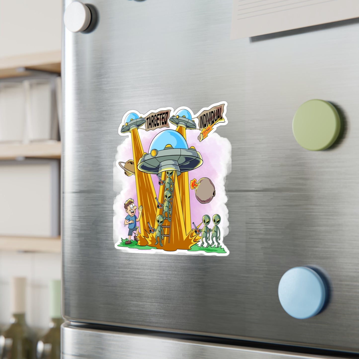 Targeted Individual UFO Alien Abduction Vinyl Sticker — Kiss-Cut Decal