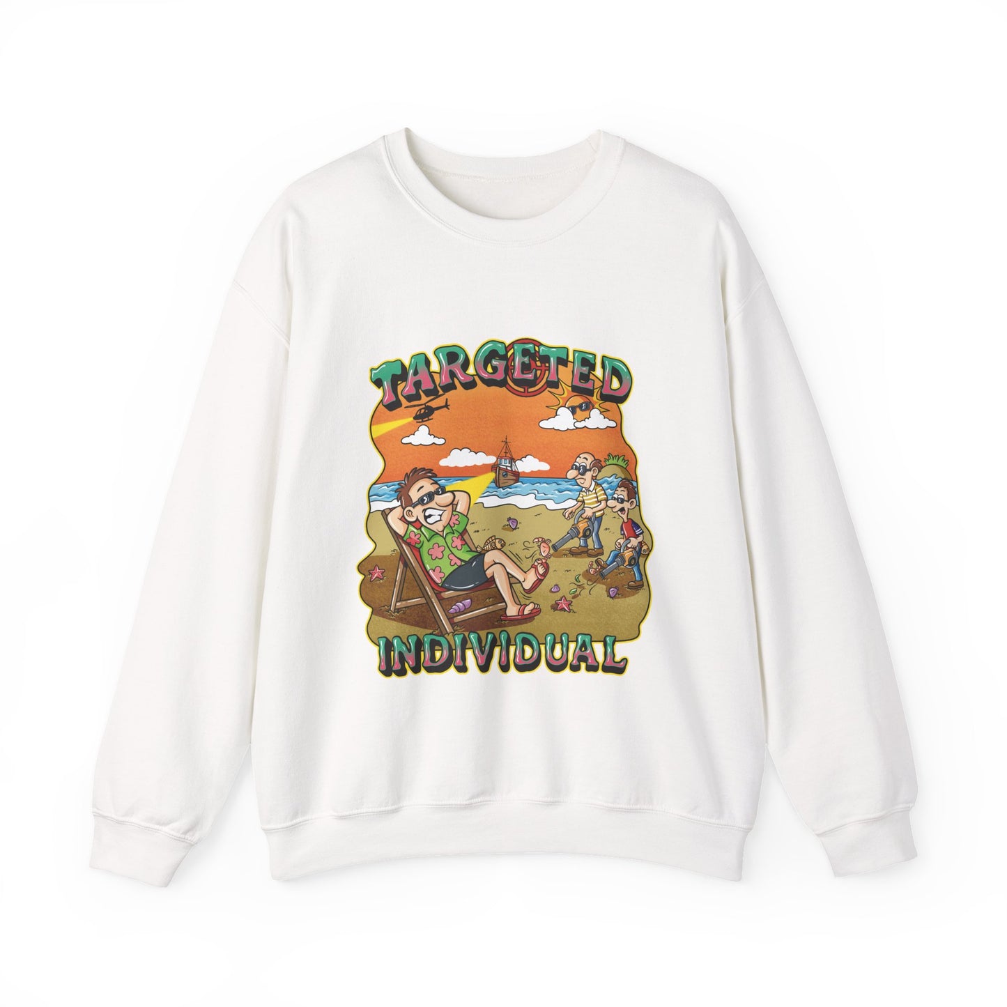 Targeted Individual Crewneck Sweatshirt — Retro Beach Cartoon Graphic