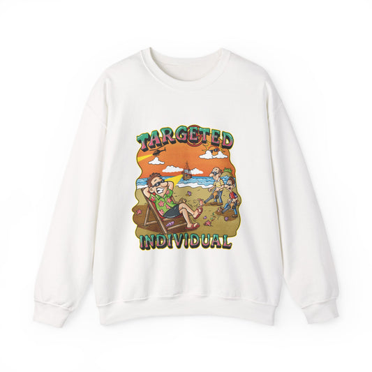 Targeted Individual Crewneck Sweatshirt — Retro Beach Cartoon Graphic
