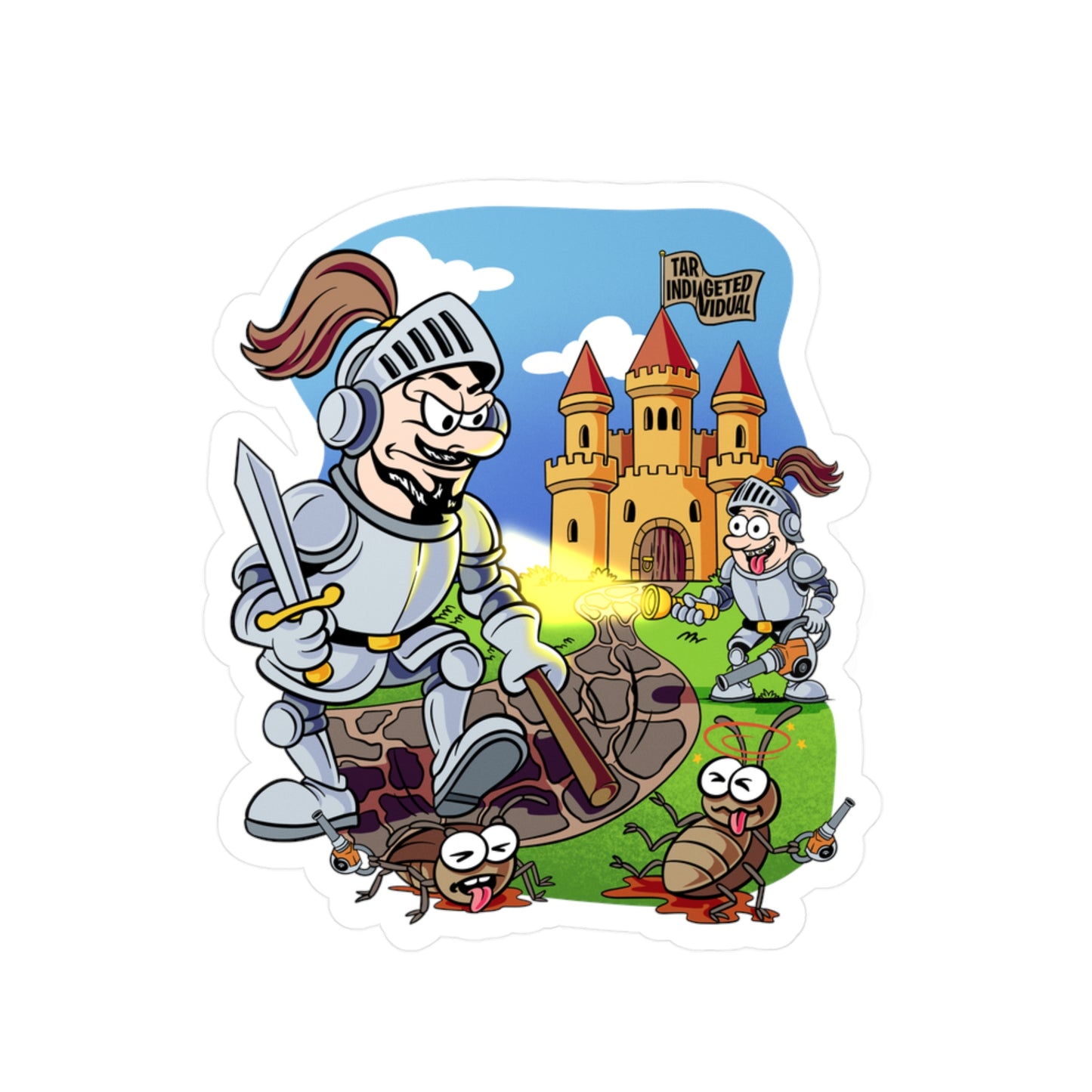 Medieval Knight Cartoon Kiss-Cut Vinyl Sticker — Funny Castle & Bugs Design