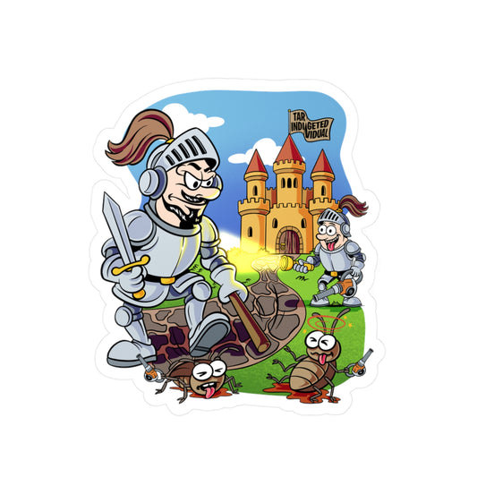 Medieval Knight Cartoon Kiss-Cut Vinyl Sticker — Funny Castle & Bugs Design